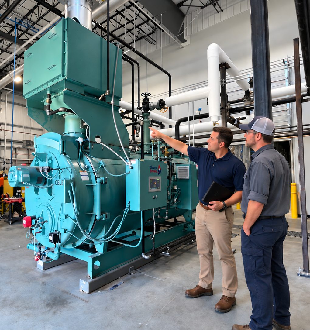 Outside Technical Sales Representative reviewing boiler equipment with a customer